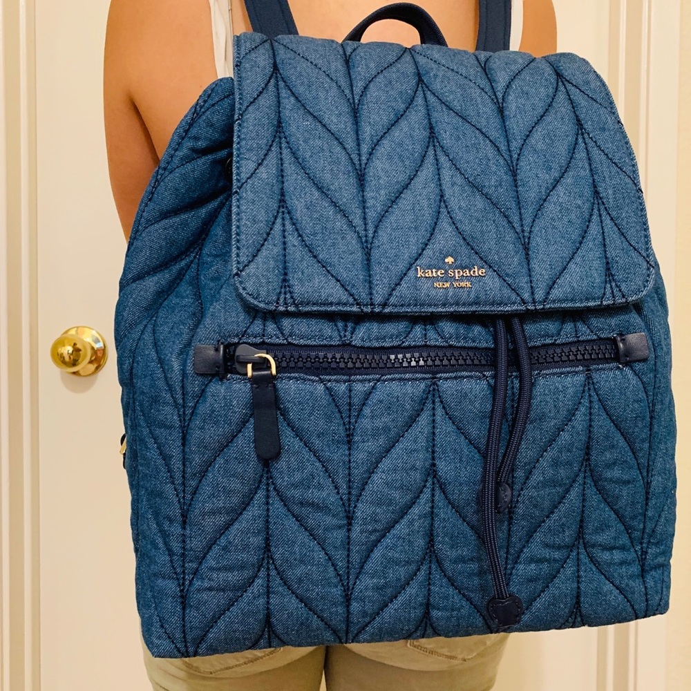 KATE SPADE ELLIE LARGE FLAP BACKPACK DENIM QUILTED - Picture 1 of 8